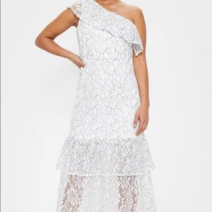 Brand New: Petite White Off The Shoulder Multi Frill Midaxi Dress, Size 00